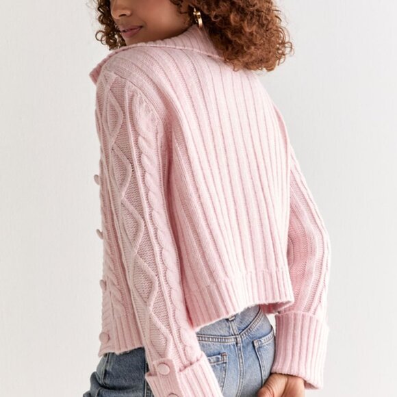 Estela Cable Faux Fur Collar Cardigan Blush - Picture 3 of 11